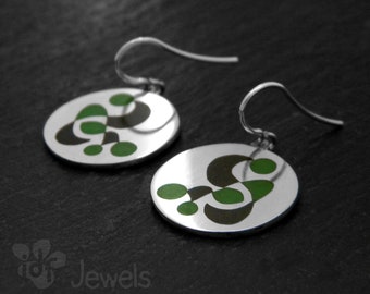 Round earrings made of silver and enamel. Green and black cloisonné enamel. Mironian earrings. Dangle earrings