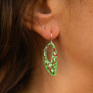 Colored enamel earrings. Silver hooks. Enamel dangle earrings. Enameled copper earrings. Green earrings with red and ligth green details