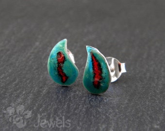 Sterling silver teardrop earrings enameled in turquoise and red. Button earrings. Colorful earrings