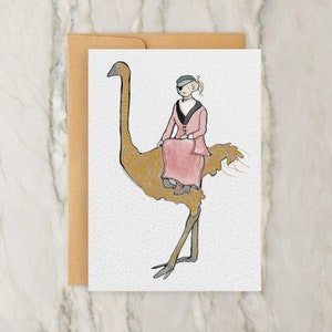 Ostrich Rider 4x5" Note Card - Vintage/Antique Style Illustration - Greeting Card - Mother's Day, Birthday, Art Print, Just Because