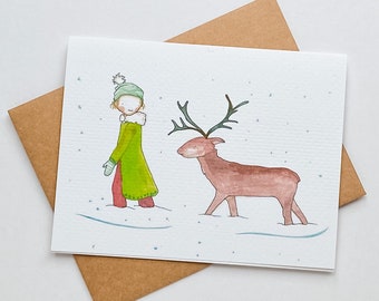 Watercolor Girl and Reindeer Winter Walk Print Greeting Card - Blank Inside for Winter Holidays, Christmas Decor, Winter Solstice