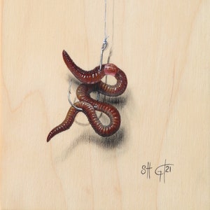 May include: A close-up of a painting depicting two red earthworms on a fishing hook. The hook is attached to a thin white string, which is tied to a small silver nail on a light wood background. The painting is signed "SH G21" in the bottom right corner.