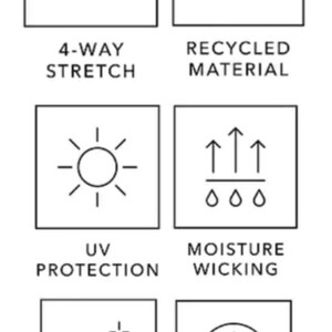 May include: A graphic showing six icons representing different features of clothing. The icons show 4-way stretch, recycled material, UV protection, moisture wicking, anti-odor, and quick-dry.