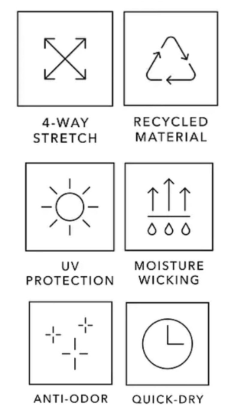May include: A graphic showing six icons representing different features of clothing. The icons show 4-way stretch, recycled material, UV protection, moisture wicking, anti-odor, and quick-dry.