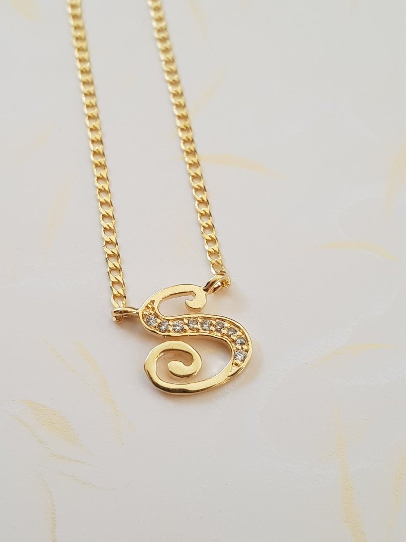 14K Gold monogram necklace Name gold and zircon letter charm | Etsy