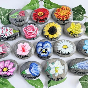 Single Flower Garden Markers - Flower Painted Stones - Nature Art - Gardening gifts