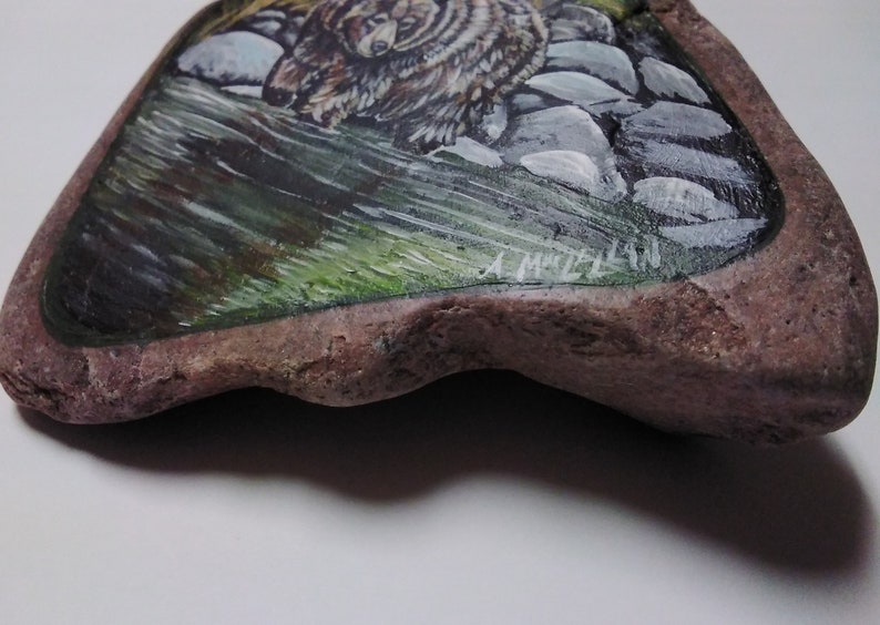 May include: Hand-painted rock art featuring a brown bear walking through a green forest with gray rocks. The artist's signature, "A. Mitchell", is visible in the lower right corner.