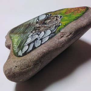 May include: A hand-painted rock with a detailed depiction of a brown bear in a green forest setting. The bear is surrounded by white flowers and the background features a green and yellow gradient.