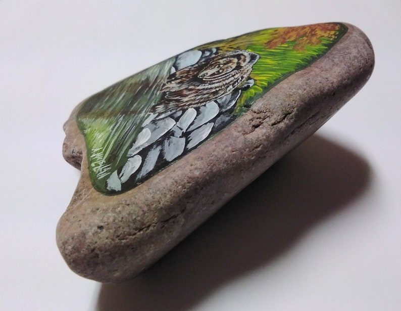 May include: A hand-painted rock with a detailed depiction of a brown bear in a green forest setting. The bear is surrounded by white flowers and the background features a green and yellow gradient.