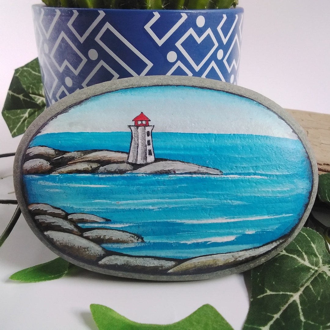 Lighthouse Painting With Ocean Scene on Stone Lighthouse