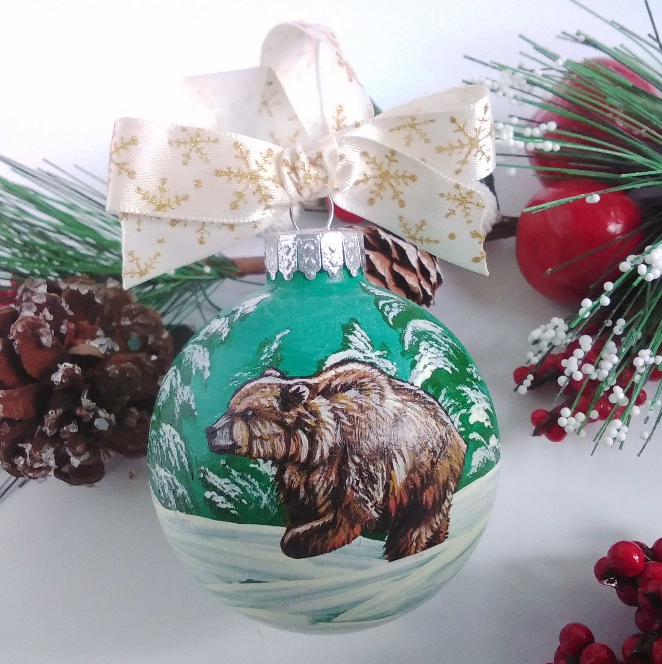 Grizzly Bear Christmas Tree Ornament - Handpainted Glass Ornament ...