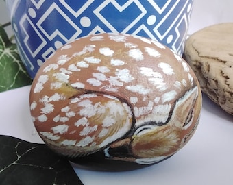 Sleeping Fawn Rock - Fawn Painting on Stone - Deer Painting - Deer Rock - Wildlife Gift