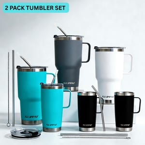 May include: A set of tumblers in various colors, including teal, gray, white, and black. Each tumbler has a handle, a stainless steel rim, and the brand name "SLIPPAF" printed on the side. The set includes straws and cleaning brushes. The text "2 PACK TUMBLER SET" is at the top.