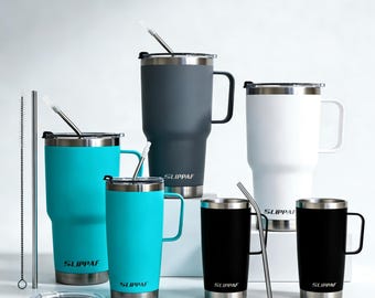 Paquete de 2 vasos de 20 y 30 oz, taza de café de viaje con aislamiento, asa, pajita, doble pared, de acero inoxidable, para coche, vaso de 30 oz, vaso de 20 oz