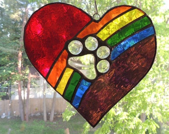 Stained glass sympathy rainbow bridge heart and choice of color paw print - Laser Engraving available