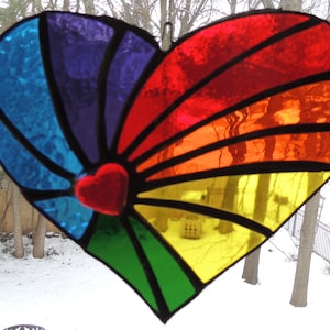 Stained glass rainbow heart - 8&quot; x 6 1/2&quot; with inner heart of red glass or natural stone of choice - Laser Engraving available!