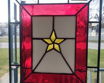 Stained Glass Gold Star Family Memorial fallen service member window glass panel - engraving available - several sizes & versions available.