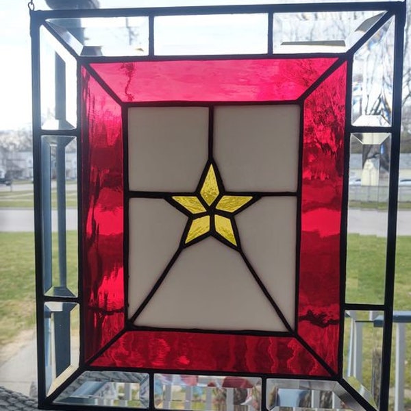 Stained Glass Gold Star Family Memorial fallen service member window glass panel - engraving available - several sizes & versions available.