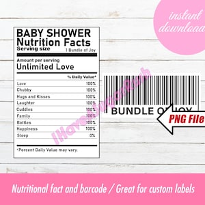 Peut inclure: Étiquette de nutrition pour une fête prénatale imprimable en noir et blanc avec un code-barres. L'étiquette indique "Baby Shower Nutrition Facts" et liste des éléments comme "Love", "Hugs and Kisses" et "Cuddles" avec une valeur quotidienne en pourcentage de 100%.