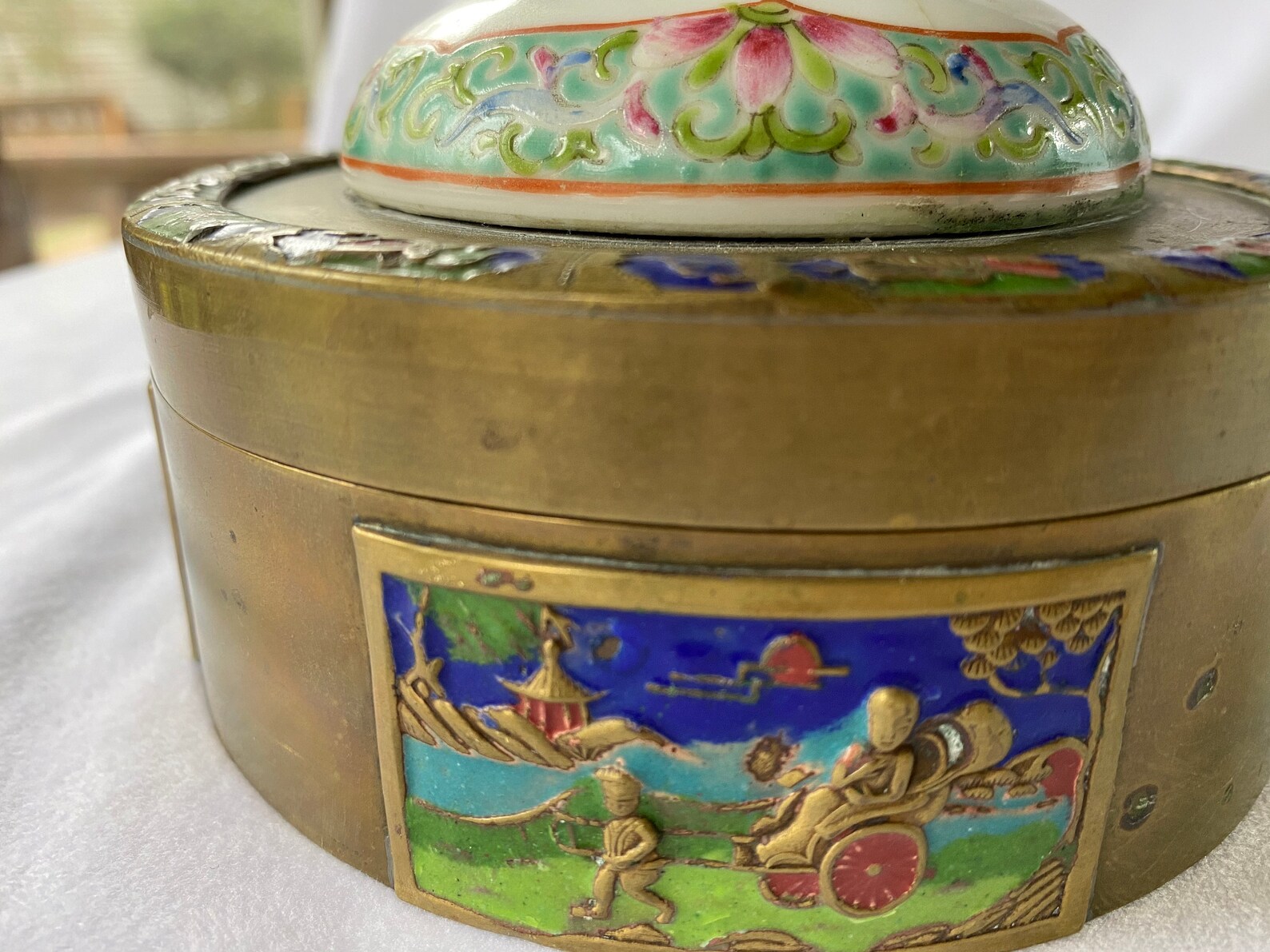 Antique Chinese Brass Enamel and Porcelain Trinket Box Hand Etsy