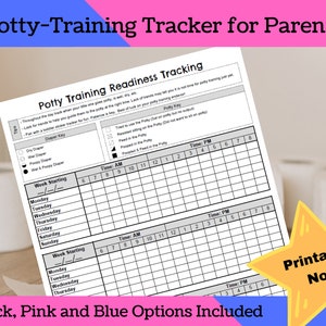 May include: Printable potty training tracker for parents. The black and white chart includes sections for tracking diaper changes, potty attempts, and success. The chart has space for two weeks of tracking. The text "Printable Now!" is in a yellow star shape.