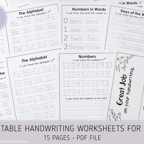 Handwriting Worksheets for Kids–15 Pages (Alphabet, Numbers, Number Words, Days of the Week) | Preschool, Pre-K, Kindergarten | *PDF only*