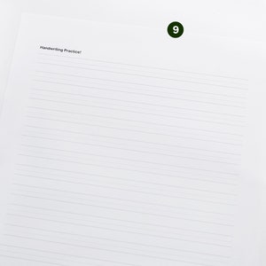 Puede incluir: Una hoja de papel en blanco con l&iacute;neas y el texto "Handwriting Practice!" en la parte superior. El n&uacute;mero 9 est&aacute; rodeado de un c&iacute;rculo verde en la esquina superior derecha de la p&aacute;gina.