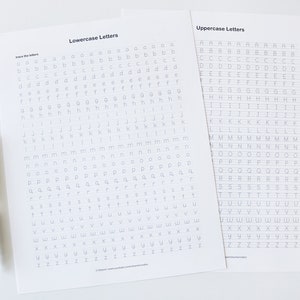May include: Two black and white printable worksheets for practicing handwriting. The left worksheet is for lowercase letters and the right worksheet is for uppercase letters. Each letter is repeated multiple times on each worksheet.