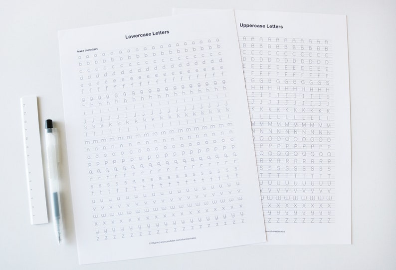 May include: Two black and white printable worksheets for practicing handwriting. The left worksheet is for lowercase letters and the right worksheet is for uppercase letters. Each letter is repeated multiple times on each worksheet.