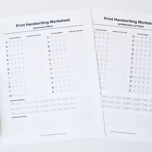 May include: Two black and white printable handwriting worksheets for practicing lowercase and uppercase letters. The worksheets include lines for tracing the letters and spaces for writing the letters independently. The worksheets also include the sentence "The quick brown fox jumps over the lazy dog" for practicing handwriting.