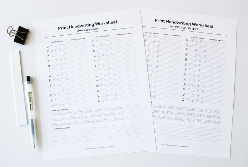 May include: Two black and white printable handwriting worksheets for practicing lowercase and uppercase letters. The worksheets include lines for tracing the letters and spaces for writing the letters independently. The worksheets also include the sentence "The quick brown fox jumps over the lazy dog" for practicing handwriting.