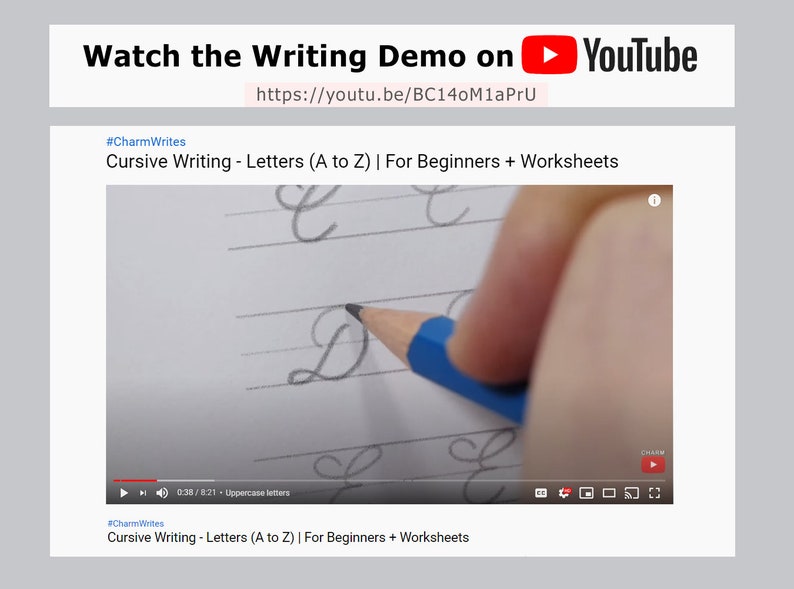 Puede incluir: Primer plano de una mano escribiendo la letra "D" en cursiva en papel rayado con un l&aacute;piz azul. El video se titula "Escritura cursiva - Letras (A a Z) | Para principiantes + Hojas de trabajo" e incluye el hashtag #CharmWrites. El video est&aacute; disponible en YouTube.