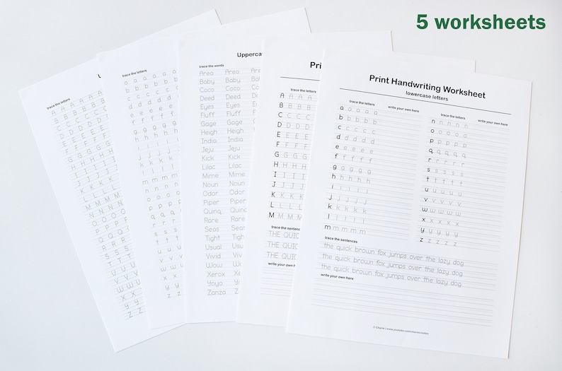 May include: Five black and white printable worksheets for handwriting practice. The worksheets feature uppercase and lowercase letters, as well as a sentence to trace: "The quick brown fox jumps over the lazy dog."