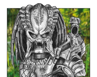 Predator Drawing, Fine Art Print, Artwork, Prey, Alien, Creature, Pen and Ink