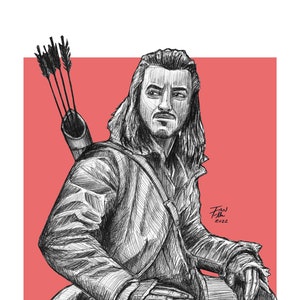 May include: A black and white pencil drawing of a man with long hair and a beard. He is wearing a jacket and has a quiver of arrows on his back. The drawing is on a red background. The artist's signature and the year 2022 are in the bottom right corner.