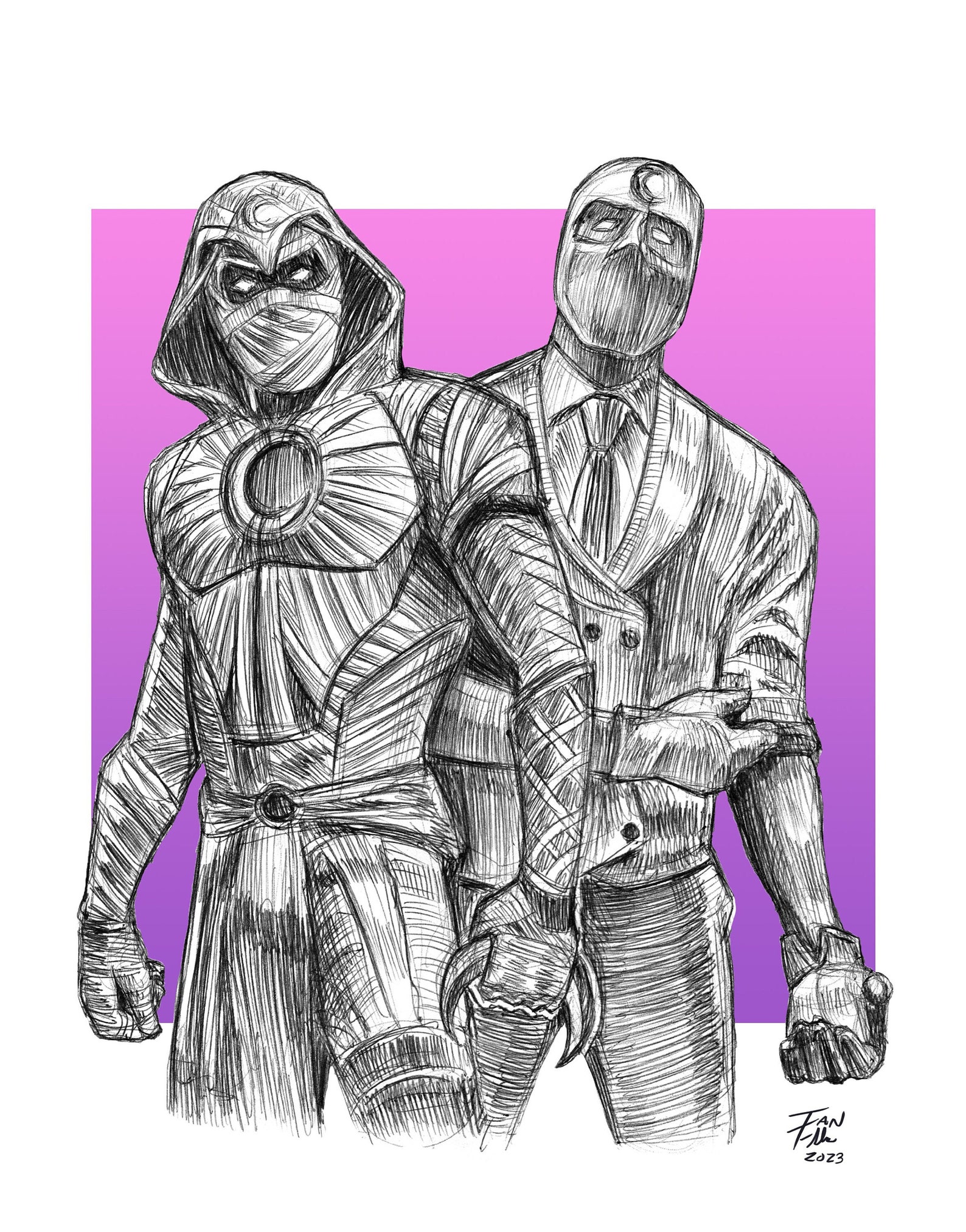 Moon Knight and Mr. Knight, Marvel, Fine Art Print, Superhero, Pen and ...