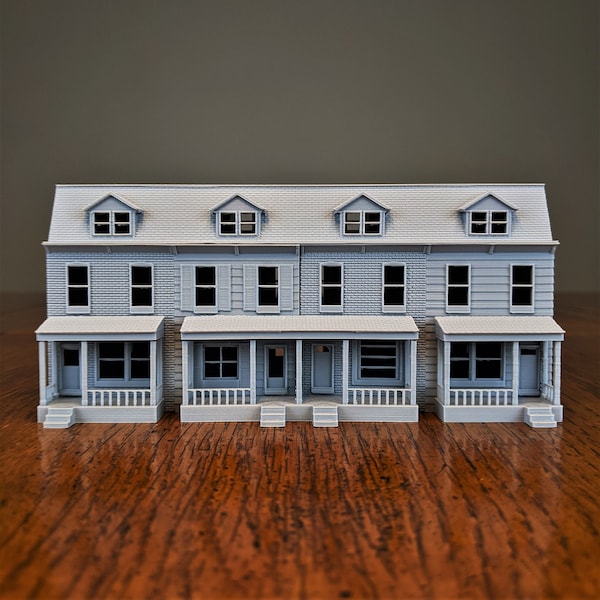 N-Scale Pennsylvania Row House 4 Unit Model Brick&Wood Ext. 1:160 Scale Building