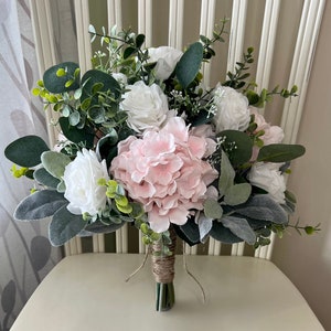Boho wedding bouquet, light soft pink hydrangea realistic faux white roses & greenery bridal bouquet, eucalyptus sage bridesmaid flowers