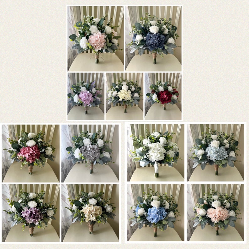 Boho wedding bouquet, mauve hydrangea white roses & greenery bridal bouquet, dusty rose wedding bouquet, eucalyptus sage bridesmaid flowers image 10