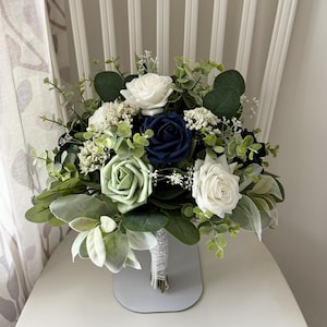 Sage green bridal bouquet, Navy & white roses, greenery wedding bouquet,silk artificial eucalyptus bridesmaid bouquet, corsage, boutonnières