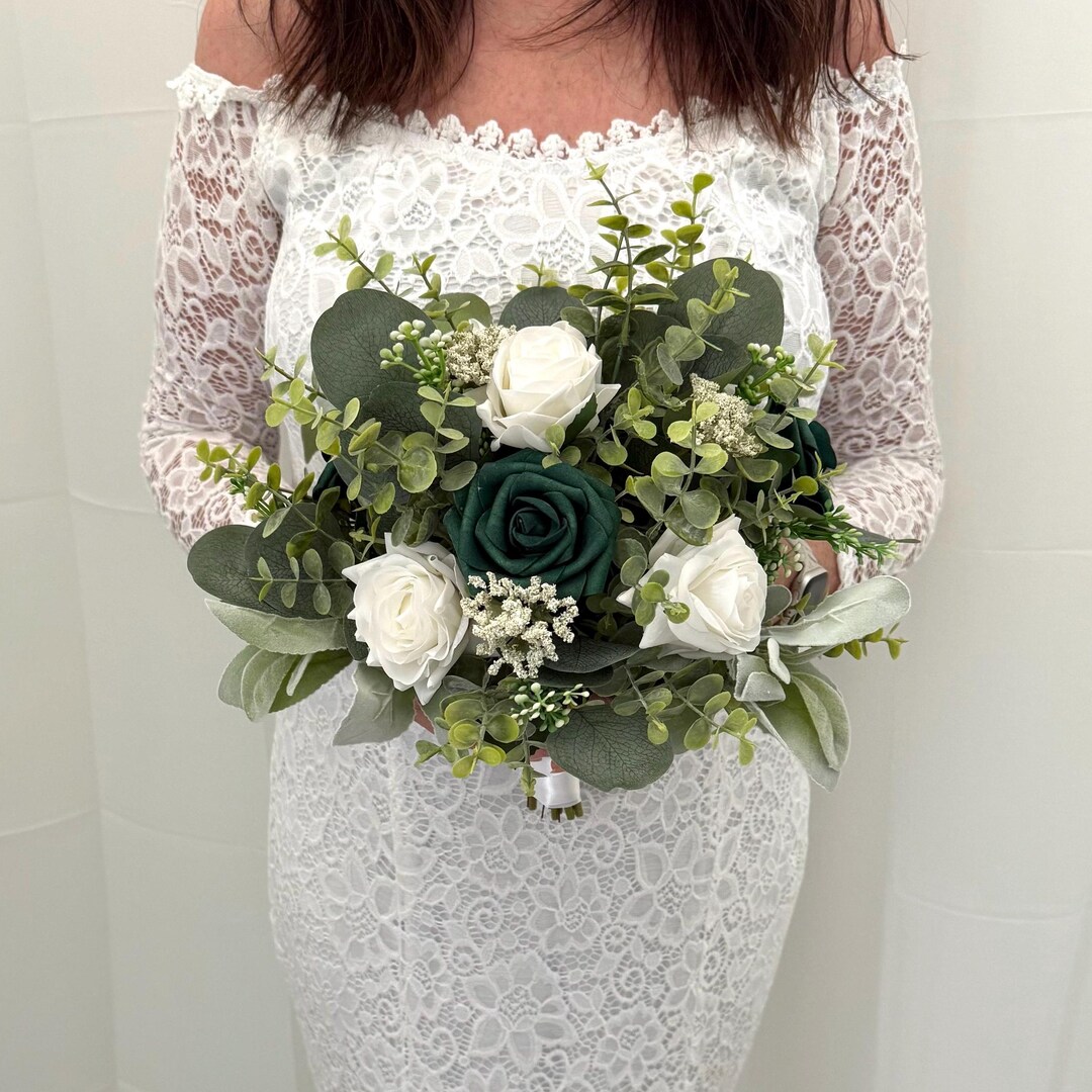 Emerald Green and White Rose Wedding Bouquet, Faux Bridal Flowers