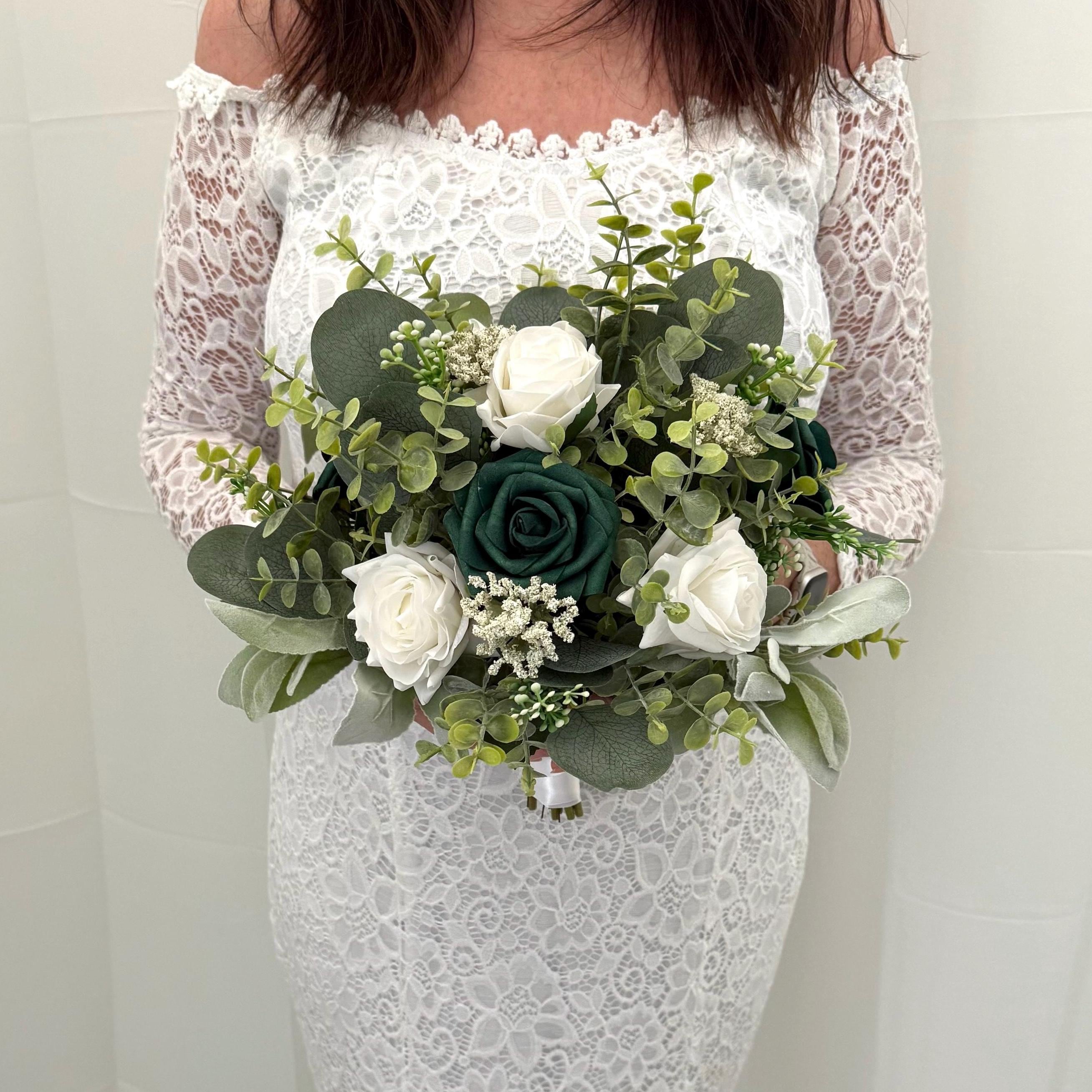 Emerald Green and White Rose Wedding Bouquet, Faux Bridal Flowers