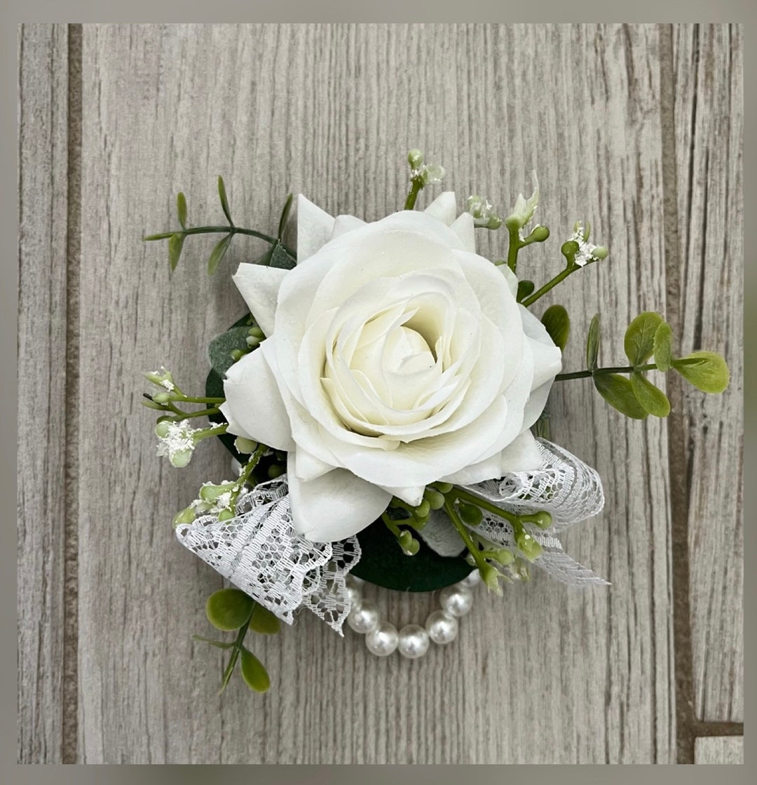 Boho White Rose Wrist Corsage With Eucalyptus on Pearl Wristlet