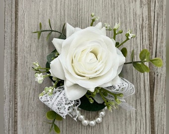 Boho White Rose Wrist Corsage With Eucalyptus on Pearl Wristlet