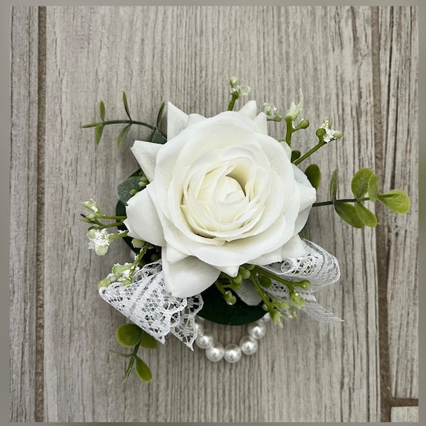 Boho white rose wrist corsage with eucalyptus on pearl wristlet, realistic rose wedding boutonnieres, faux silk homecoming prom,real touch