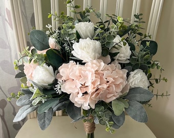 Boho wedding bouquet, premium white rose blush pink hydrangea & greenery bridal bouquet, eucalyptus sage bridesmaid flowers