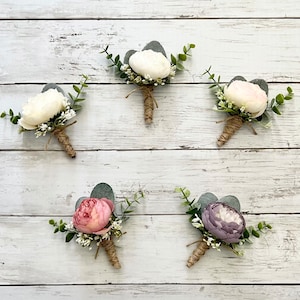 Peony boutonniere with eucalyptus, ivory cream wedding boutonnieres, faux silk blush pink homecoming boutonniere, dusty purple prom image 5