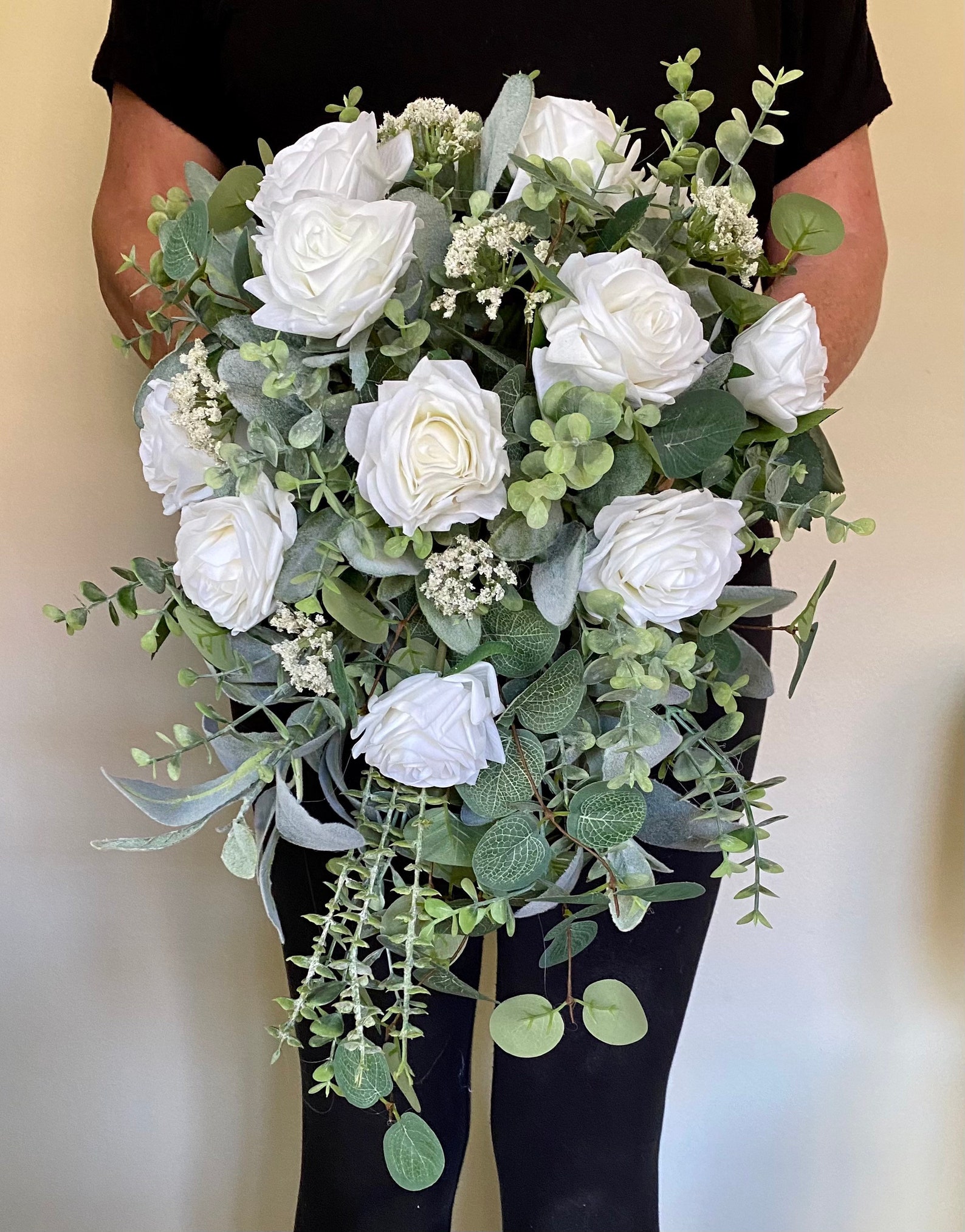 Cascade Bridal Bouquet White Rose Eucalyptus Cascade Wedding - Etsy