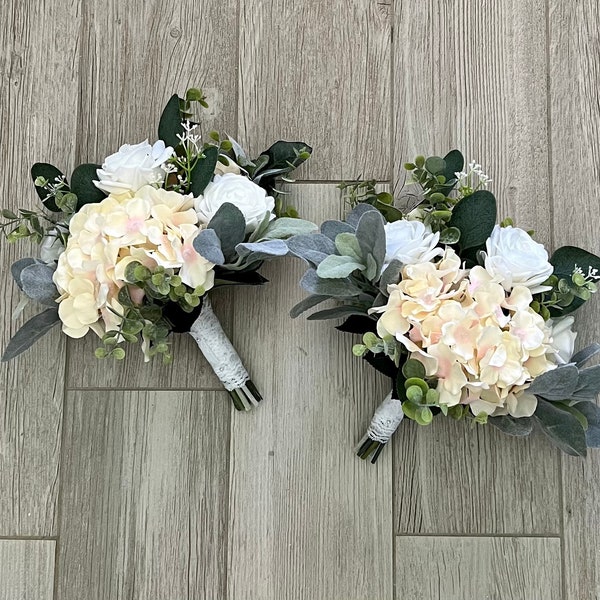 Champagne bridesmaid bouquet, premium white rose hydrangea & greenery boho wedding bouquet, eucalyptus sage bridal flowers