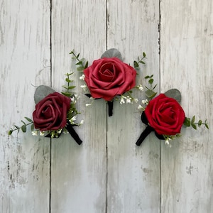 Burgundy red wine  rose boutonniere with eucalyptus, wedding flower boutonnieres,homecoming boutonniere,  groom, father prom boutonniere